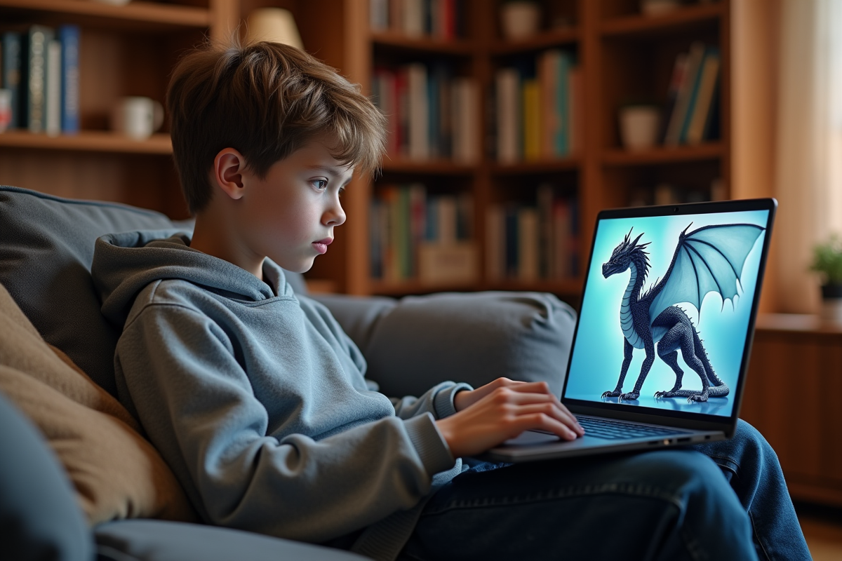 Adolescent travaillant sur un ordinateur avec un dragon CGI