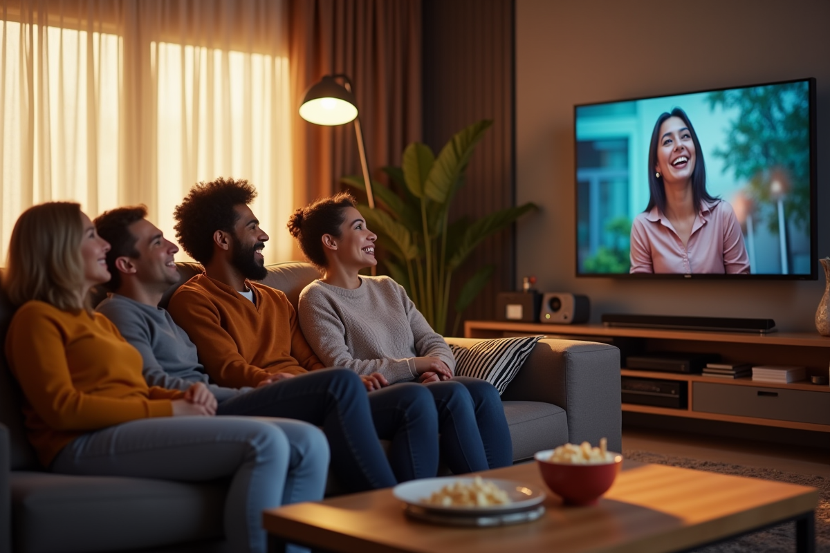 Groupe d'amis regardant Netflix dans un salon convivial