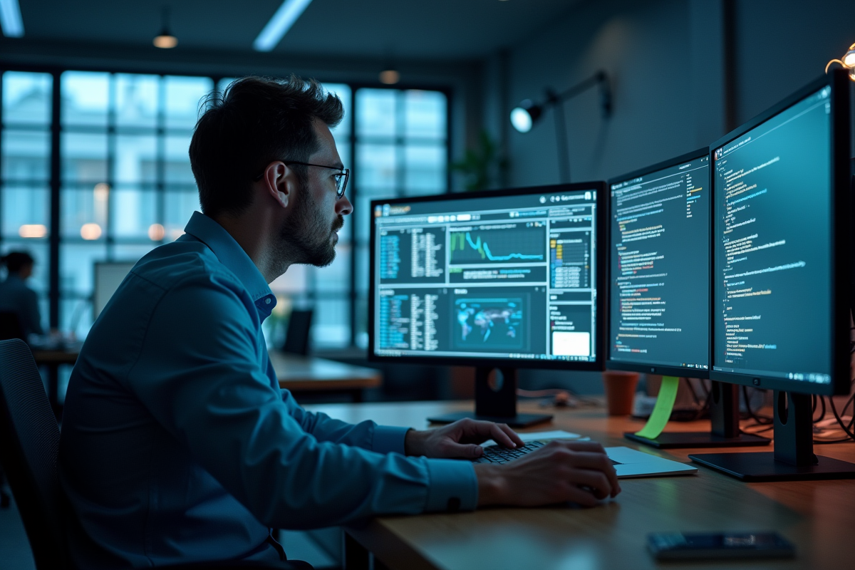 Analyste sécurité informatique examine rapports sur plusieurs écrans