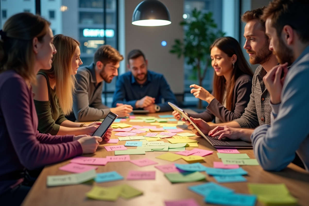 Equipe en brainstorming avec notes colorées sur le SEO