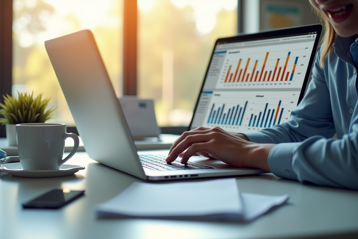 Professionnel analysant des métriques SEO sur un ordinateur