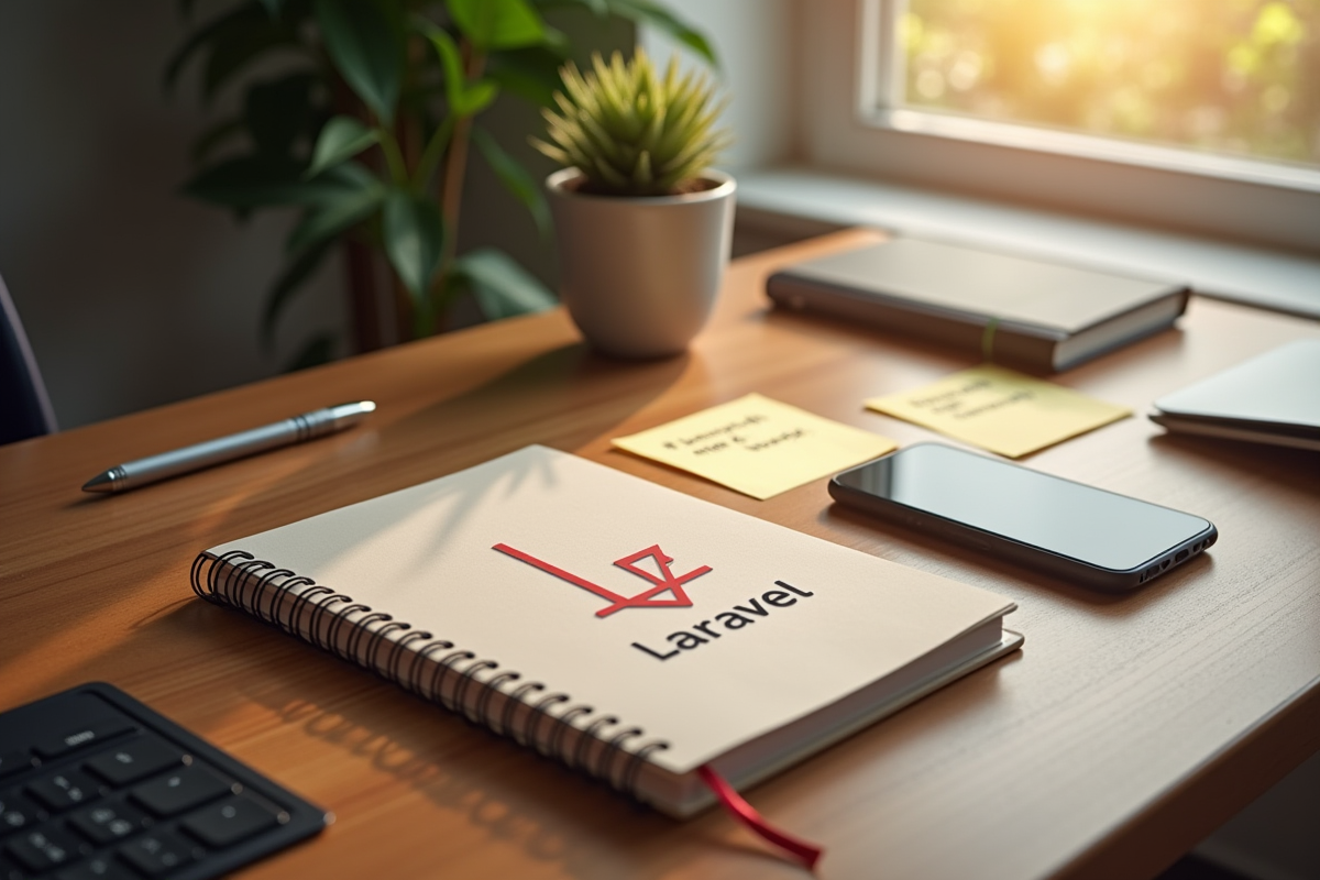 Bureau en bois avec carnet Laravel et notes PHP dans une ambiance chaleureuse