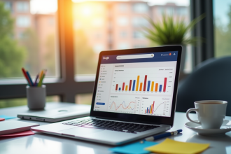 Bureau moderne avec ordinateur affichant analytics de recherche Google