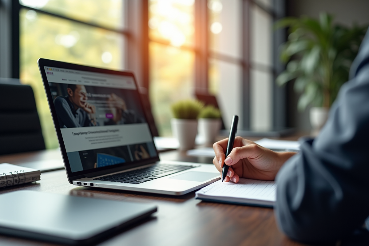 Espace de travail moderne avec ordinateur affichant un site web
