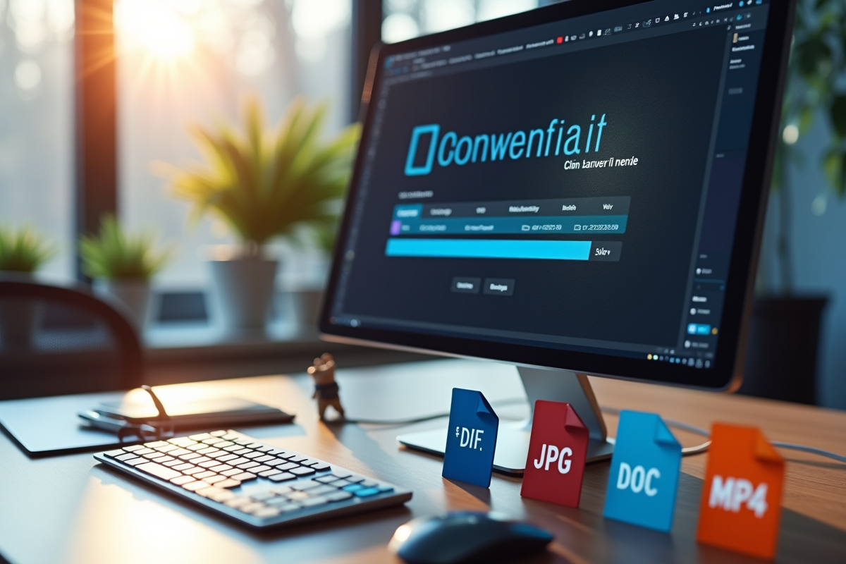Espace de travail moderne avec écran de conversion de fichiers