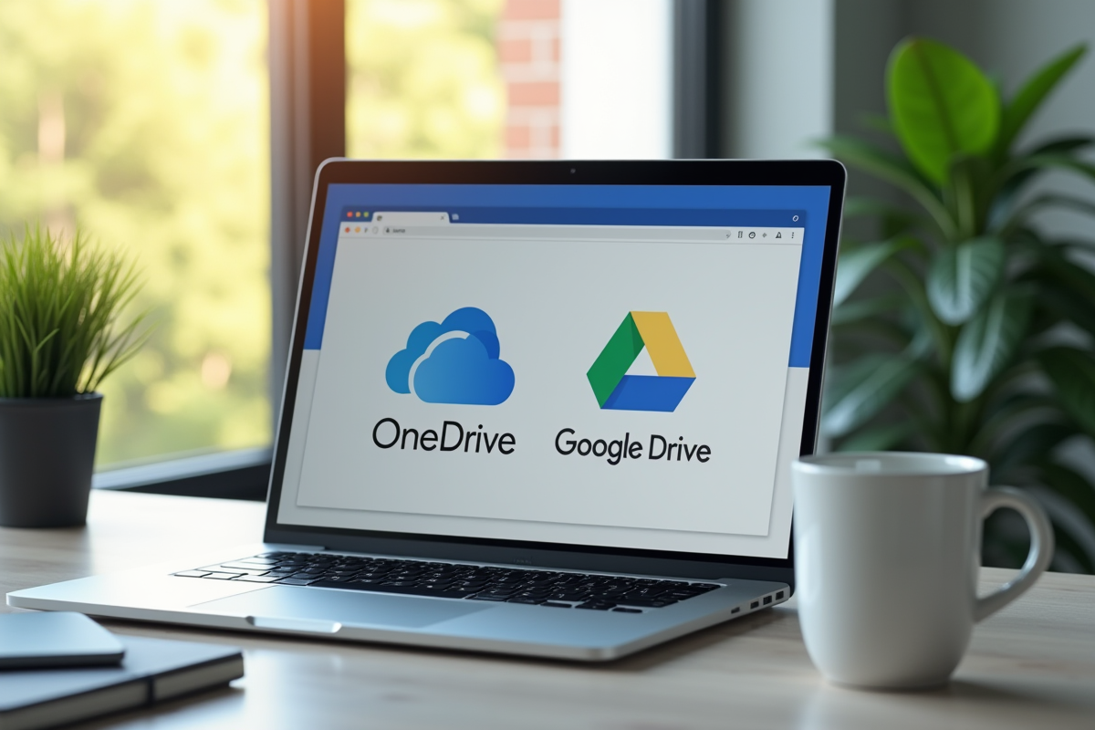 Bureau moderne avec écran partagé entre OneDrive et Google Drive