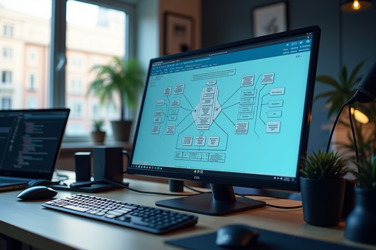 Espace de travail moderne avec écran affichant un diagramme email