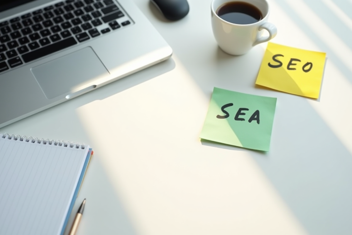 Bureau blanc avec clavier souris et notes SEO et SEA sous la lumière naturelle