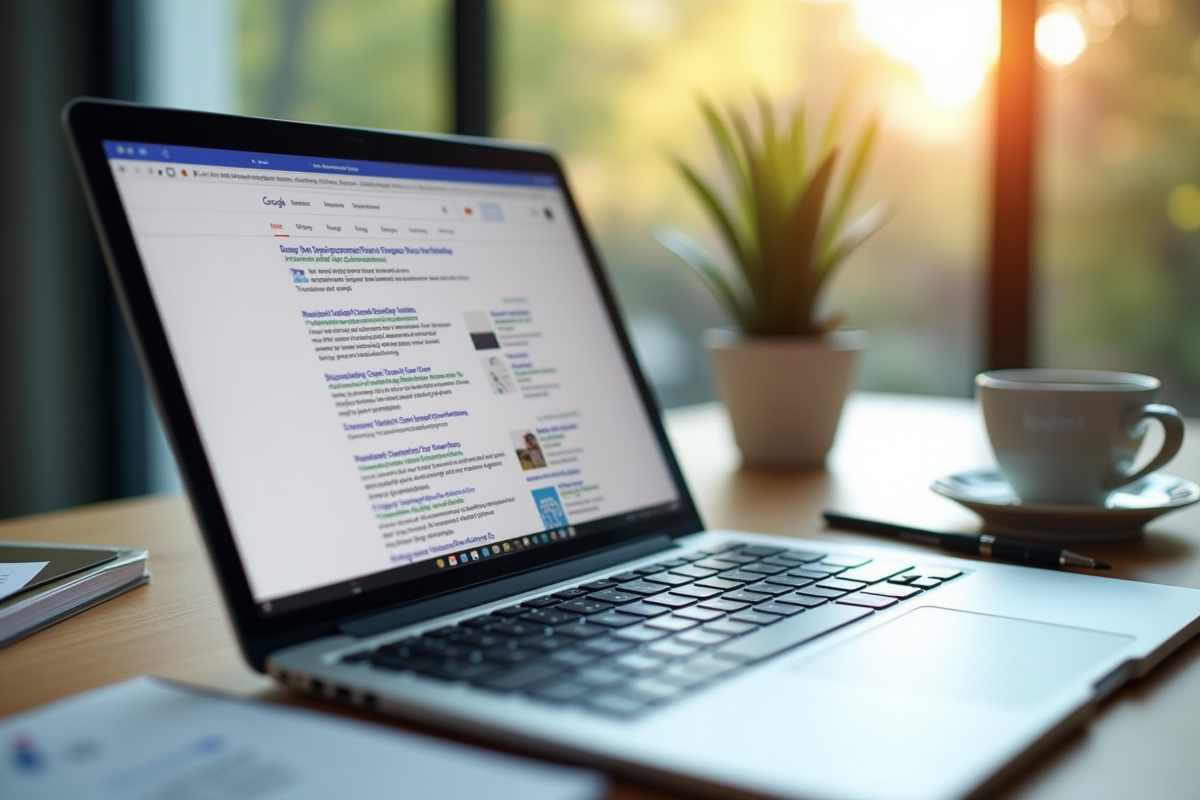 Bureau moderne avec ordinateur affichant résultats Google pour SEO