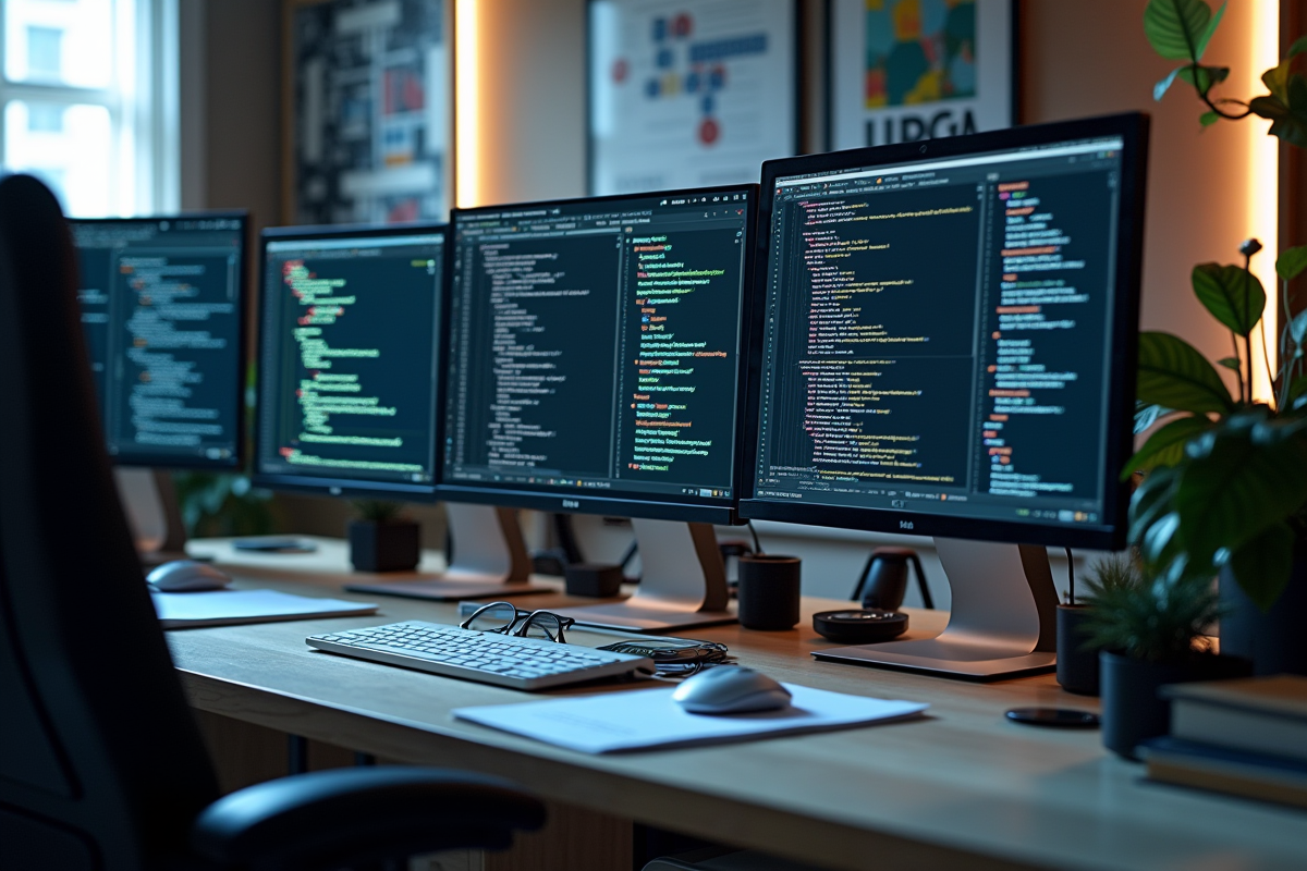 Espace de travail moderne avec écrans affichant du code informatique