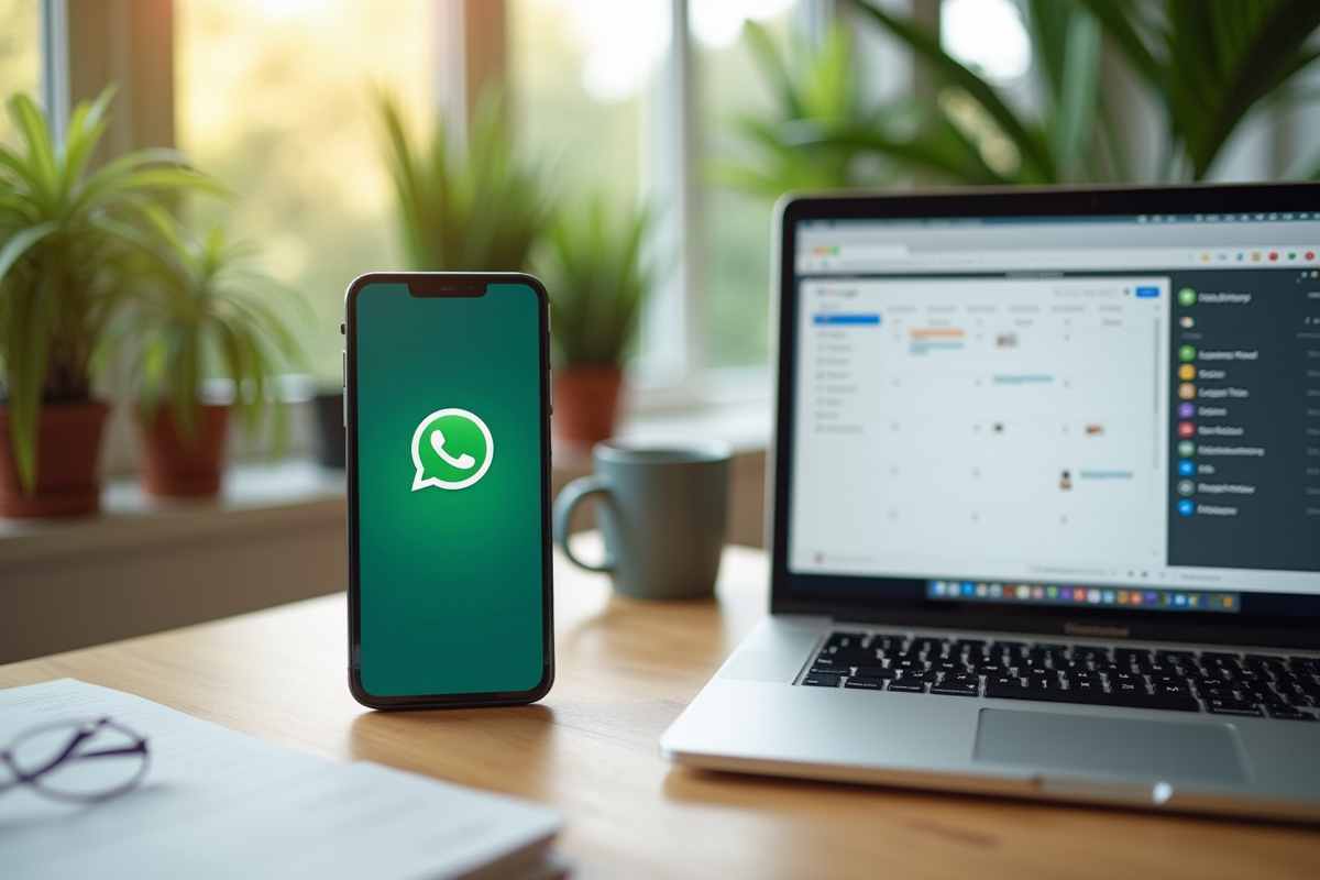 Bureau moderne avec smartphone et ordinateur affichant calendrier
