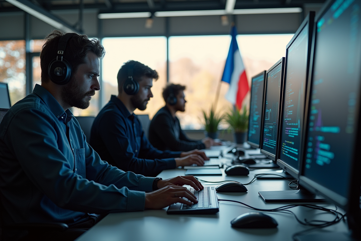 Bureau tech français moderne avec ingénieurs et drapeaux
