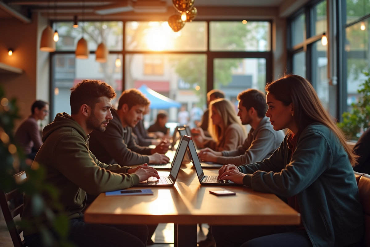 Groupe diversifié dans un café moderne en ville avec IA
