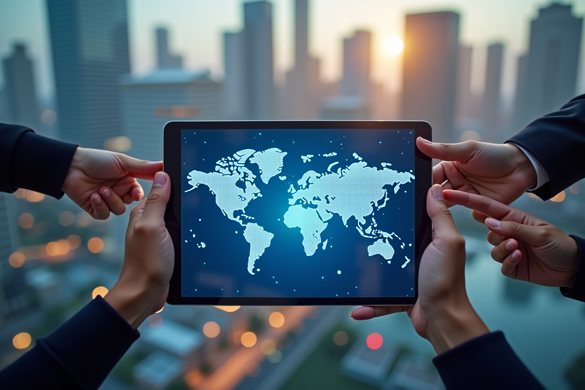 Carte du monde sur une tablette avec mains pointant vers pays