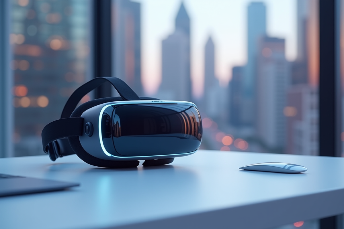 Casque VR dernier cri sur un bureau blanc avec ville futuriste en arrière-plan
