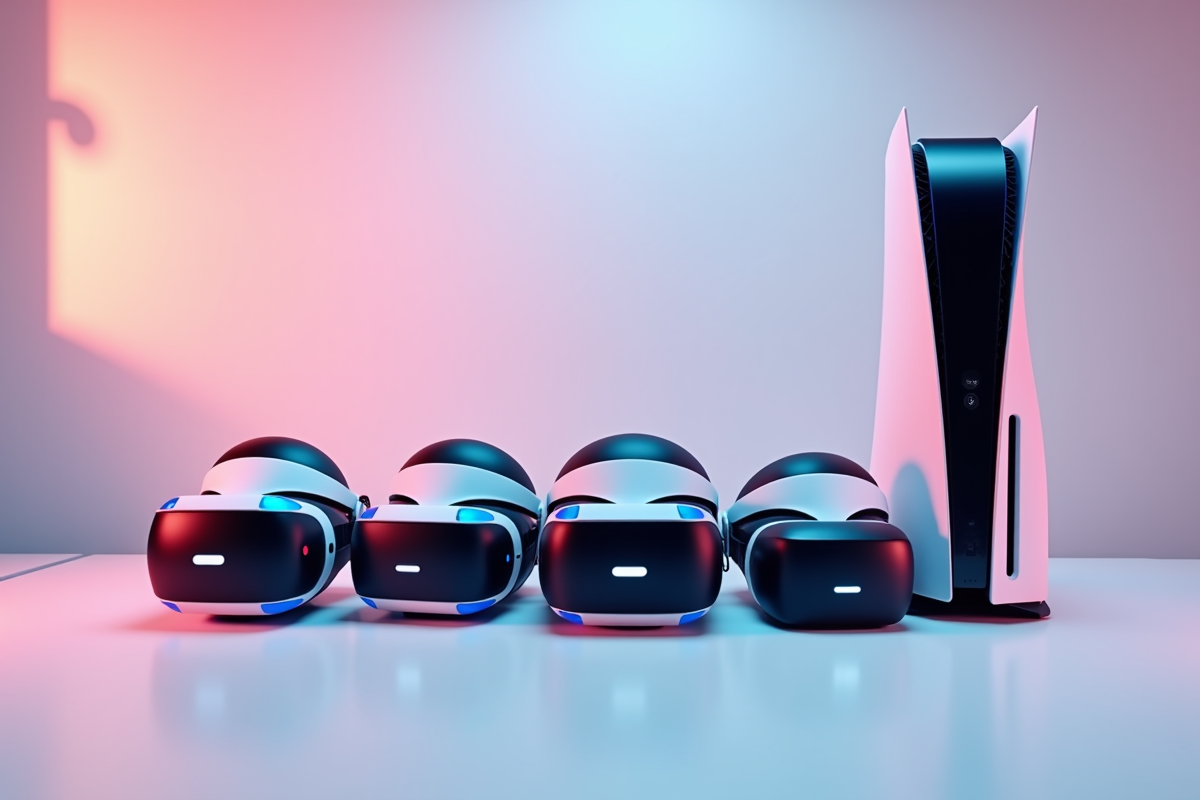 Casques VR et console PS5 sur bureau blanc minimaliste