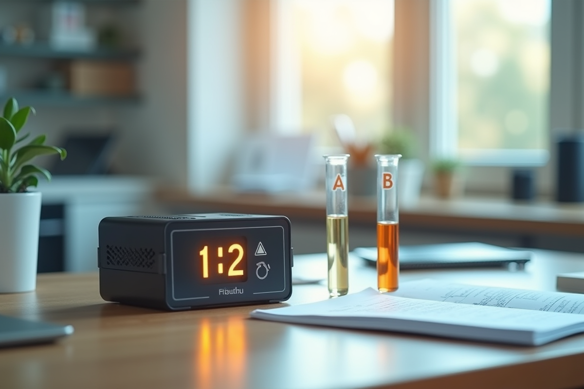 Un minuteur digital et deux tubes à essai sur un bureau lumineux