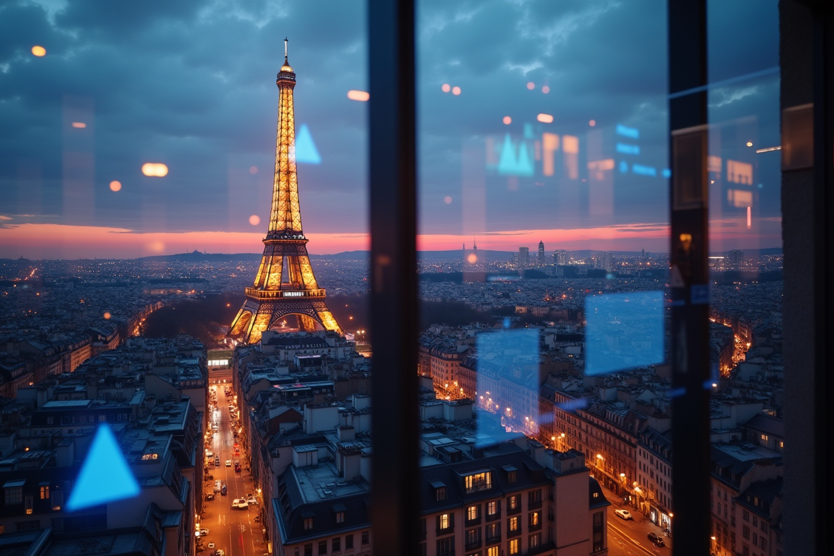 Vue sur Paris au crépuscule avec graphiques marketing intégrés