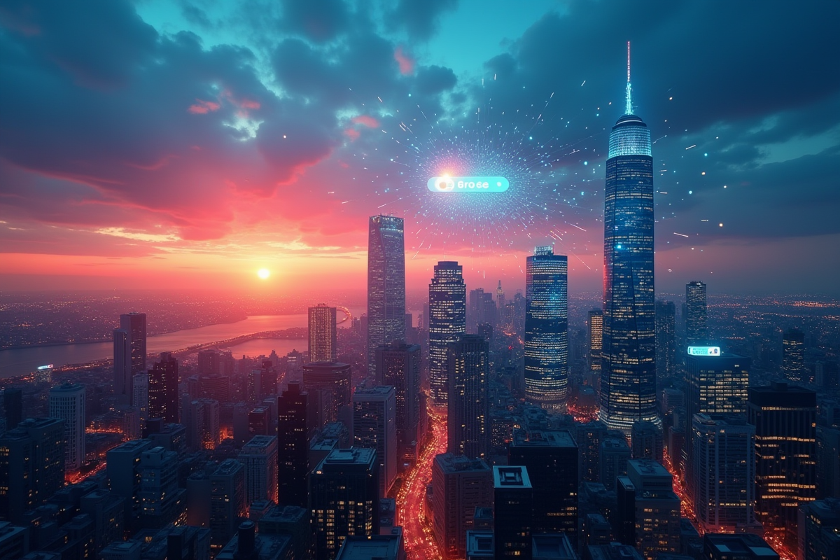 Ciel de ville au lever du jour avec réseaux numériques et icônes de recherche