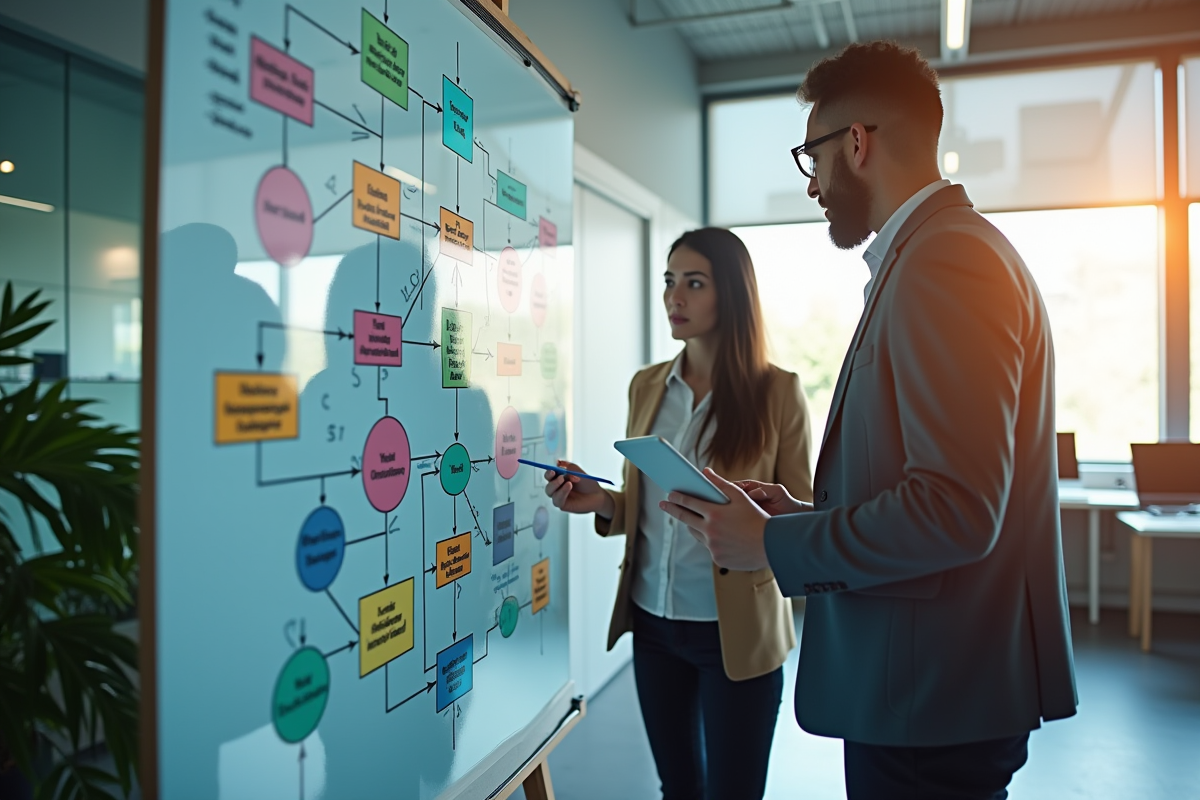 Deux personnes collaborant devant un tableau avec fluxcharts