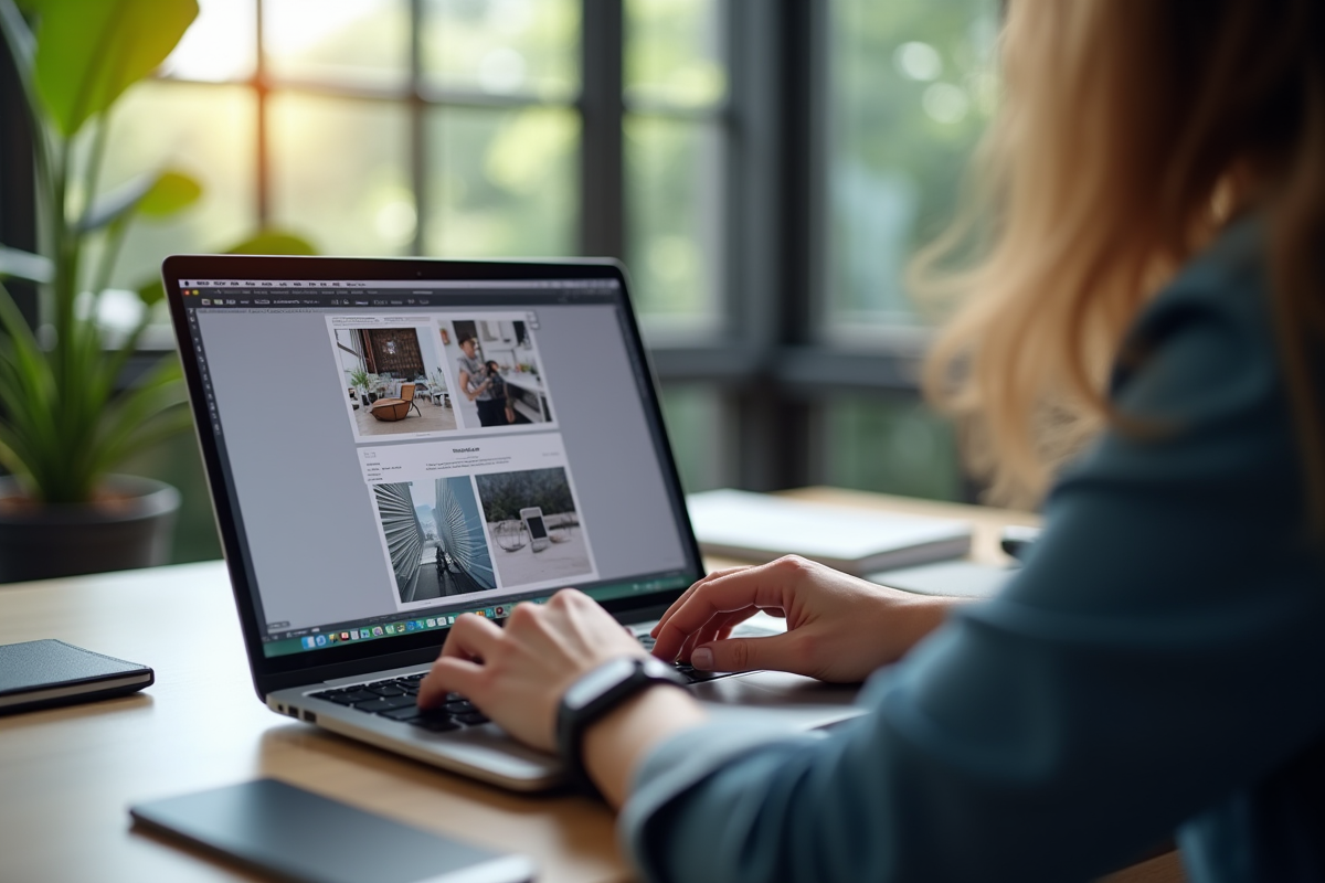 Main d'un designer travaillant sur un ordinateur avec Scribus à l'écran