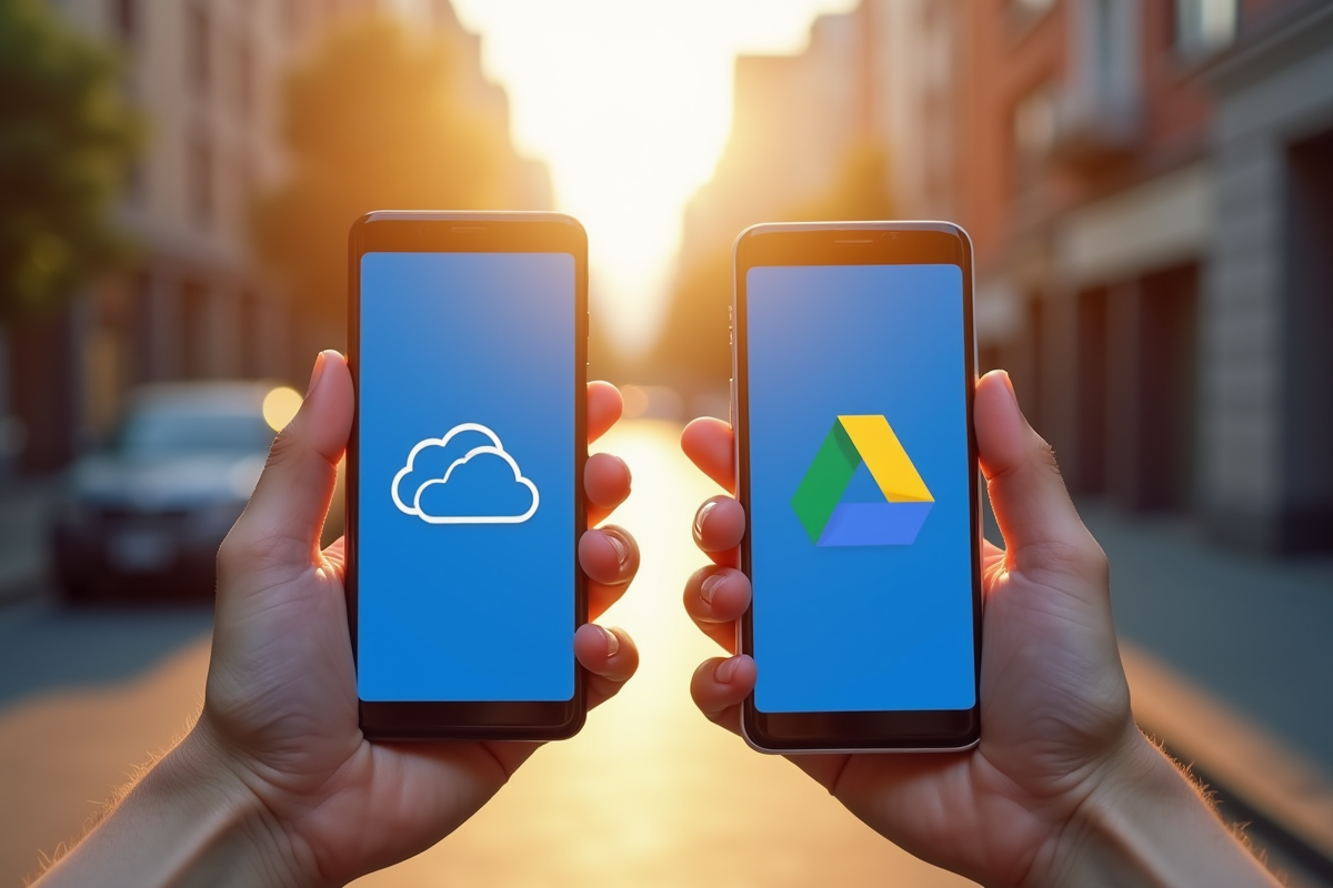 Deux mains tenant des smartphones avec OneDrive et Google Drive