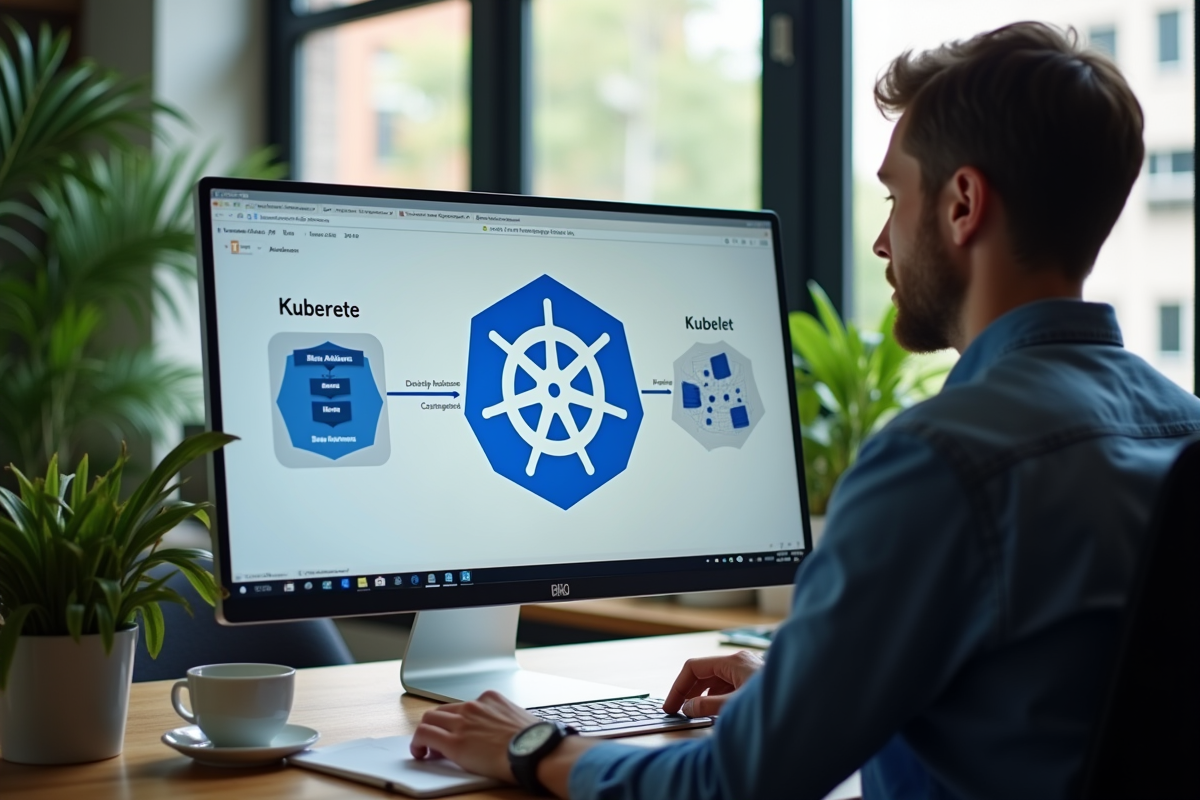 Ingénieur logiciel travaillant sur diagramme Kubernetes avec kubelet