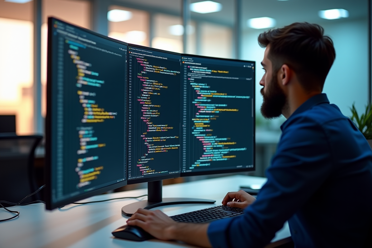 Développeur web travaillant avec code HTML et CSS sur un grand écran lumineux