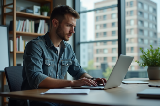 Jeune developpeur web homme concentré sur son ordinateur