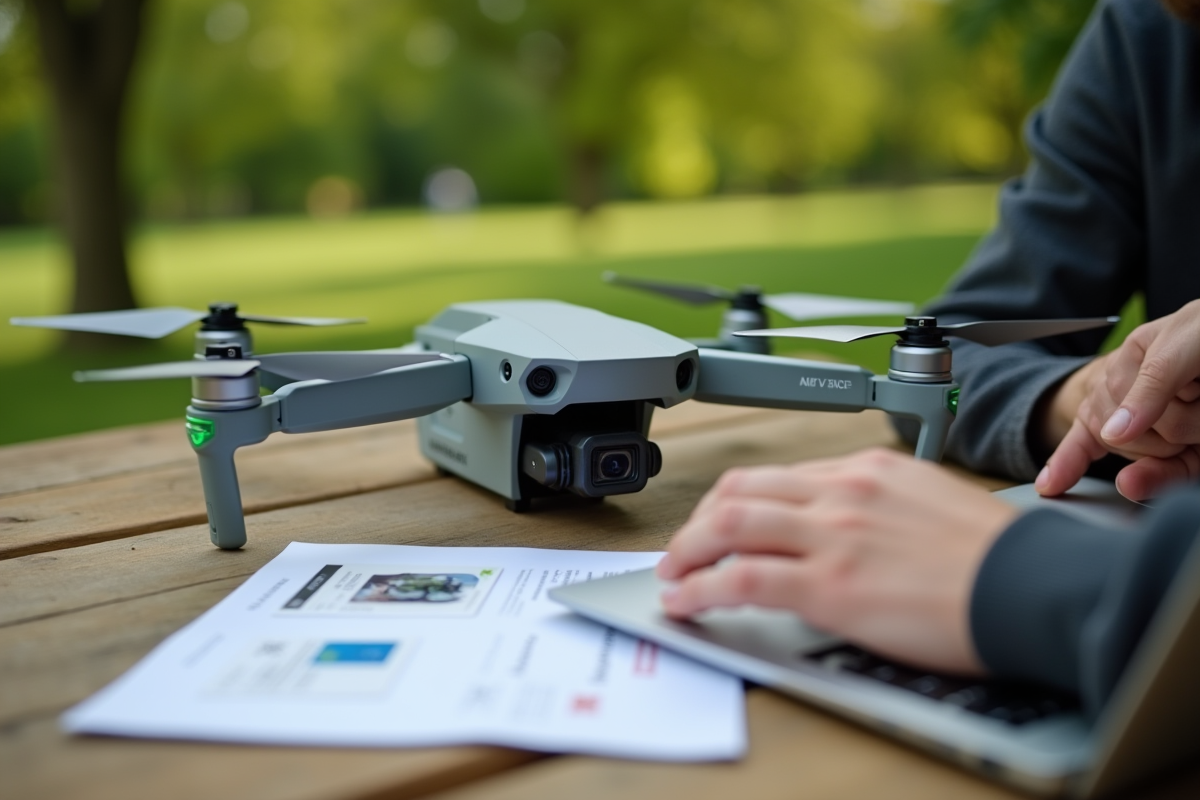 Drone moderne enregistré par une personne avec un ordinateur en plein air