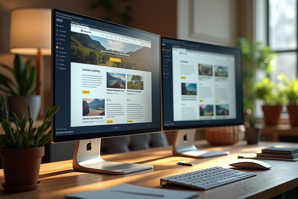 Un écran partagé montrant deux designs de sites web avec notes et stylos sur le bureau