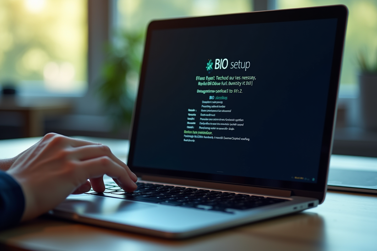 Ordinateur portable affichant l'écran BIOS avec une main prête à appuyer sur F12