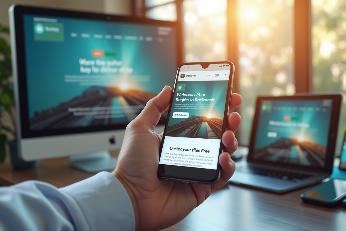 Main tenant un smartphone avec site responsive visible