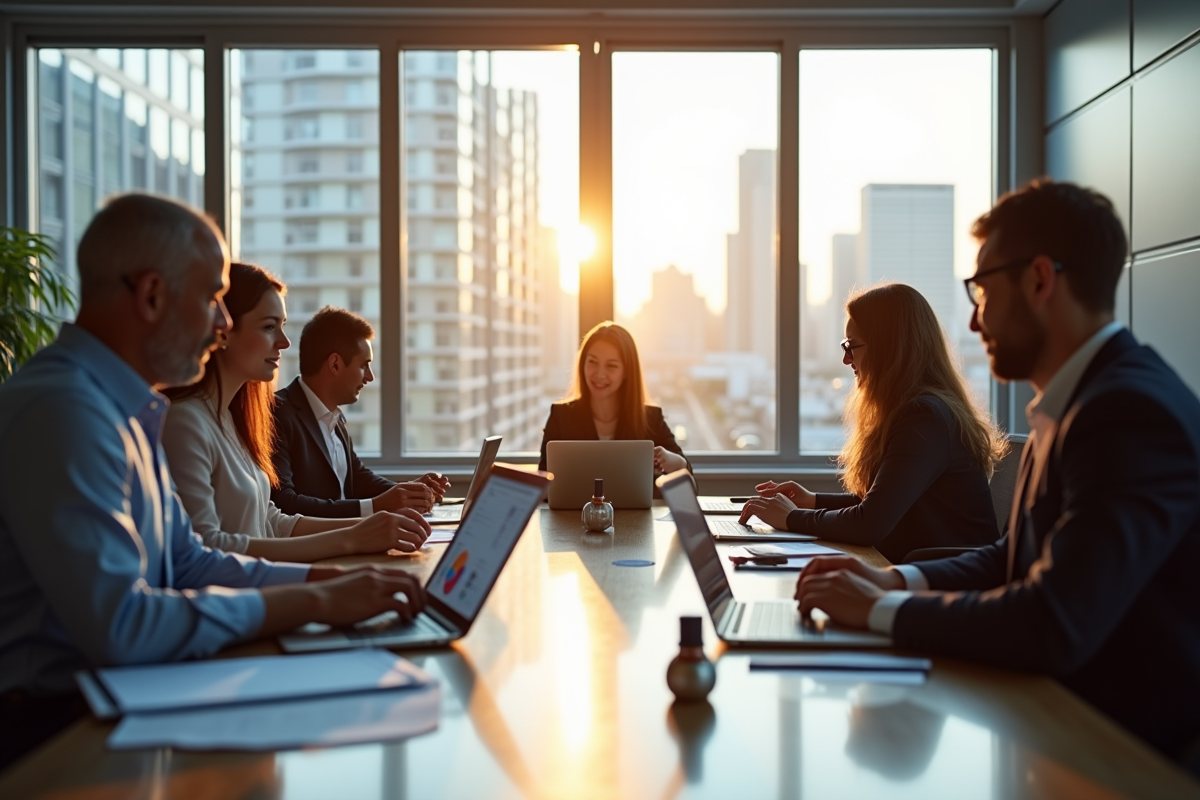 Equipe d'affaires discutant avec assistants vocaux en réunion