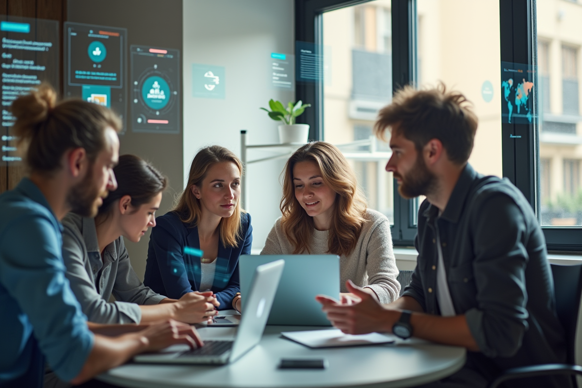 Équipe de jeunes professionnels en coworking avec infographies