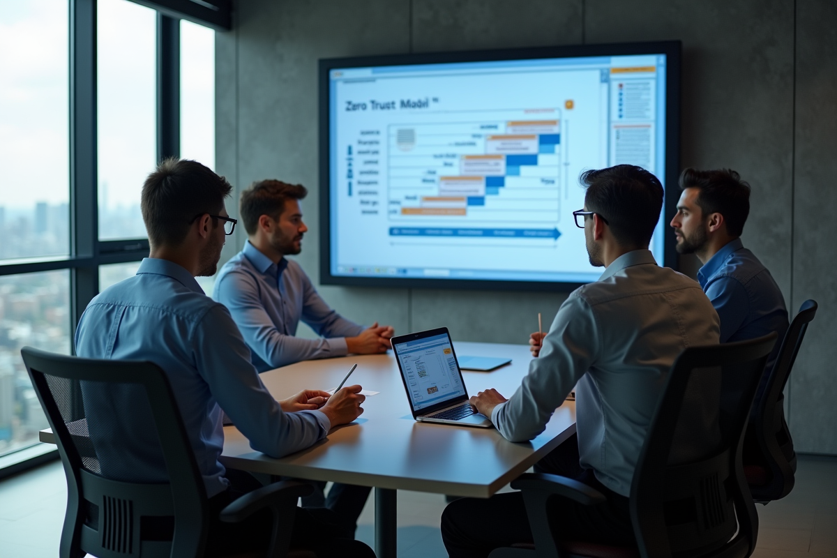 Groupe de professionnels IT analysant un diagramme Zero Trust