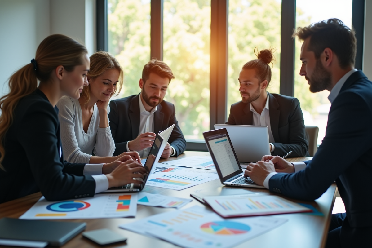 Groupe de marketeurs analysant des données de tests A/B dans un bureau lumineux