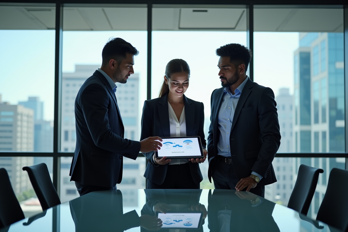 Groupe de trois professionnels collaborant autour d