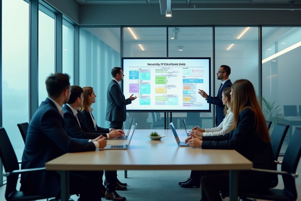 Equipe diverse discute plan de sécurité dans une salle vitrée