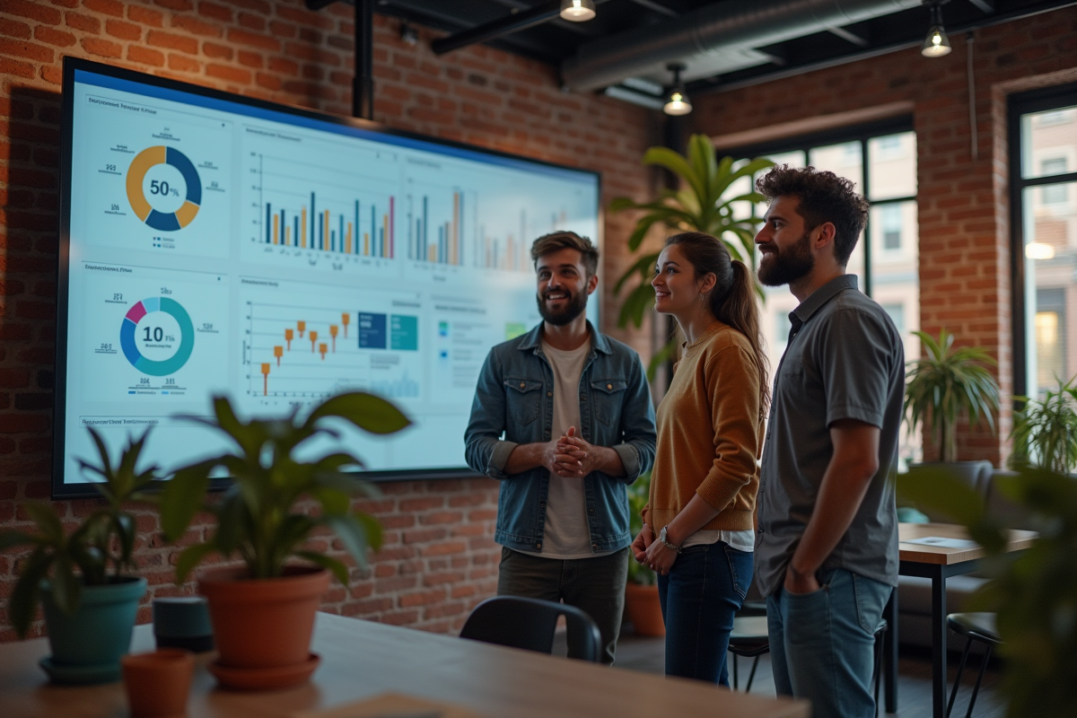 Groupe de jeunes professionnels discutant stratégie marketing