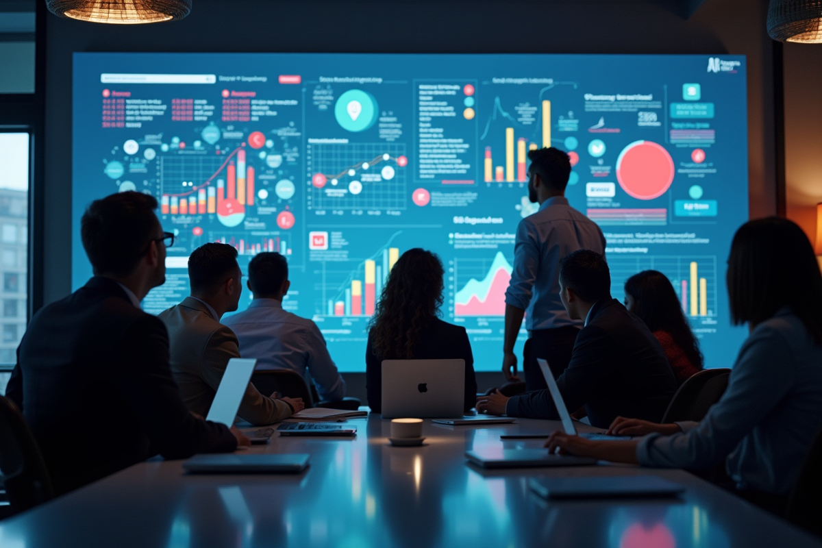 Groupe de professionnels analysant graphiques et icones sociaux