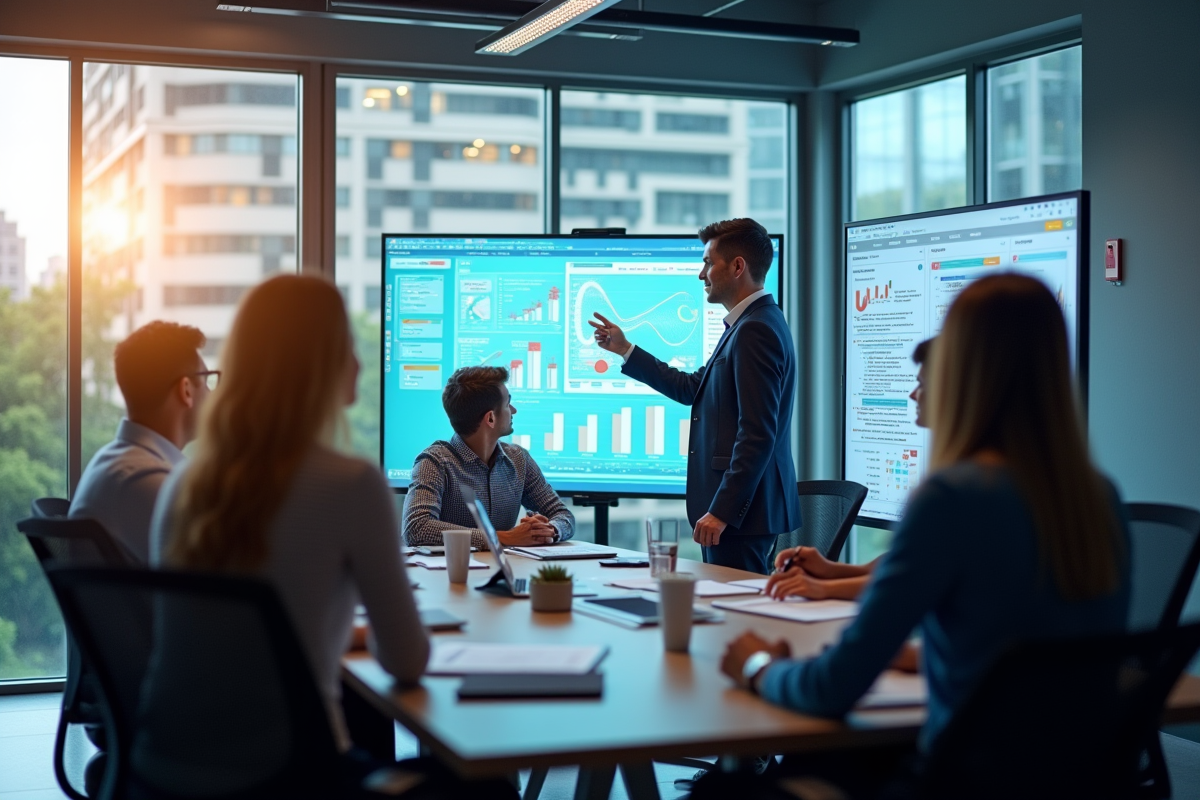 Espace de travail moderne avec équipe collaborant sur écran digital