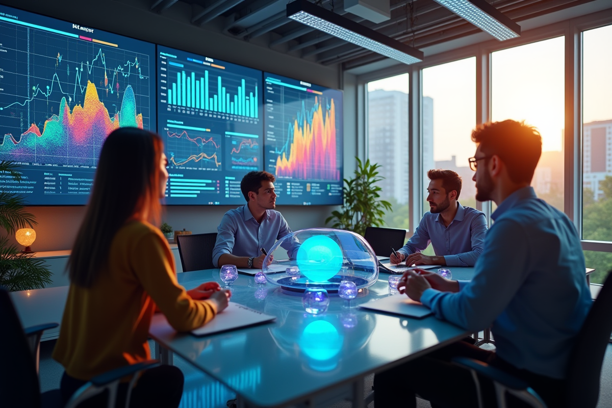 Espace de travail moderne avec équipe collaborant autour d'une table et écrans affichant des analyses marketing