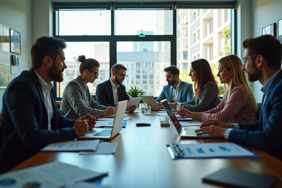 Espace de travail moderne avec équipe marketing diverse collaborant