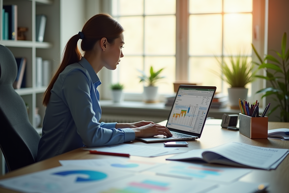 Espace de travail moderne avec un ordinateur portable et un tableau Excel coloré