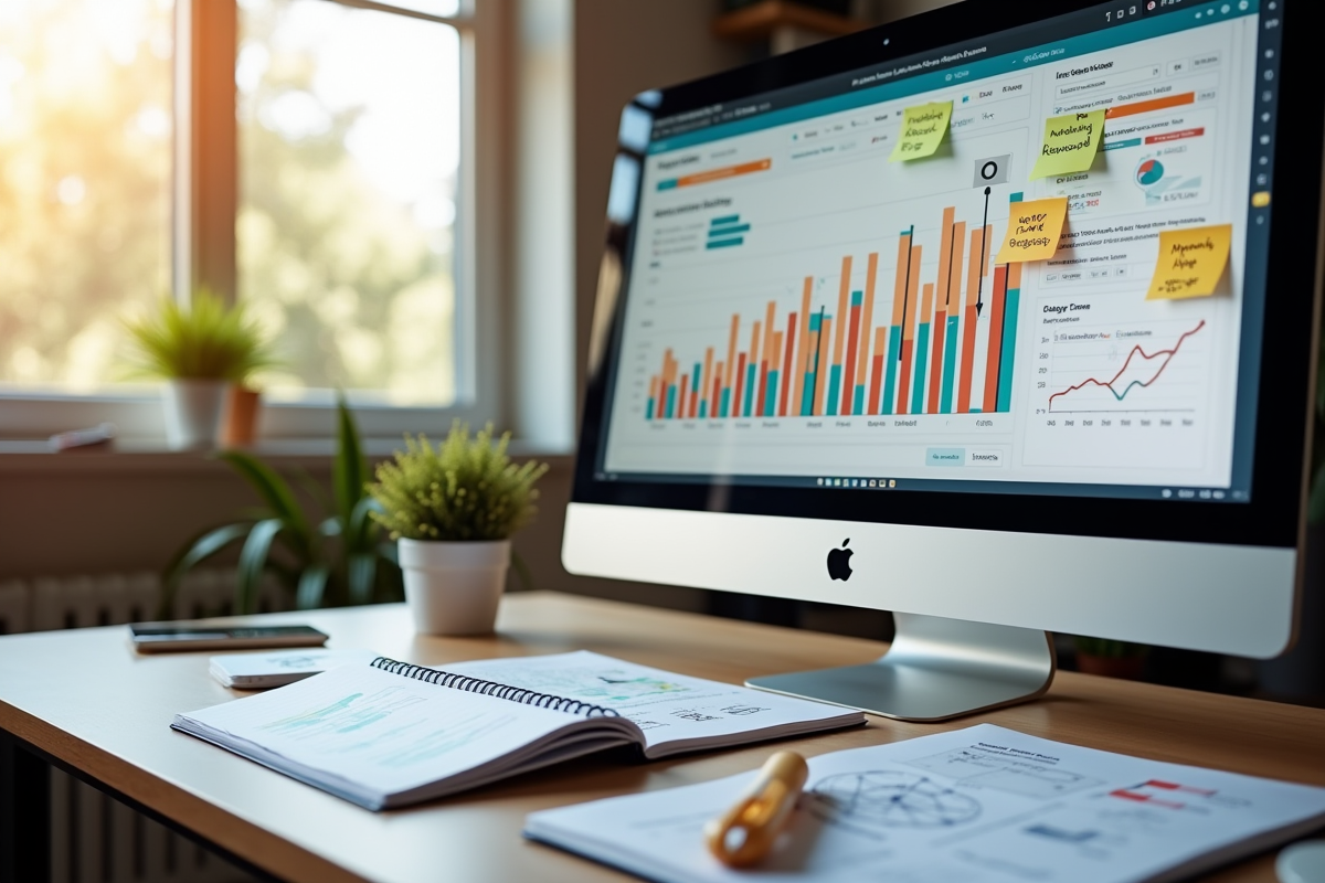 Espace de travail moderne avec ordinateur affichant des analyses SEO