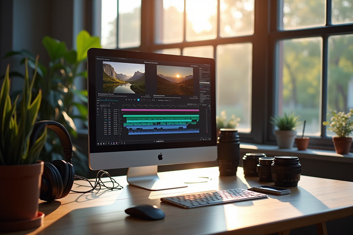 Espace de travail avec ordinateur et accessoires vidéo