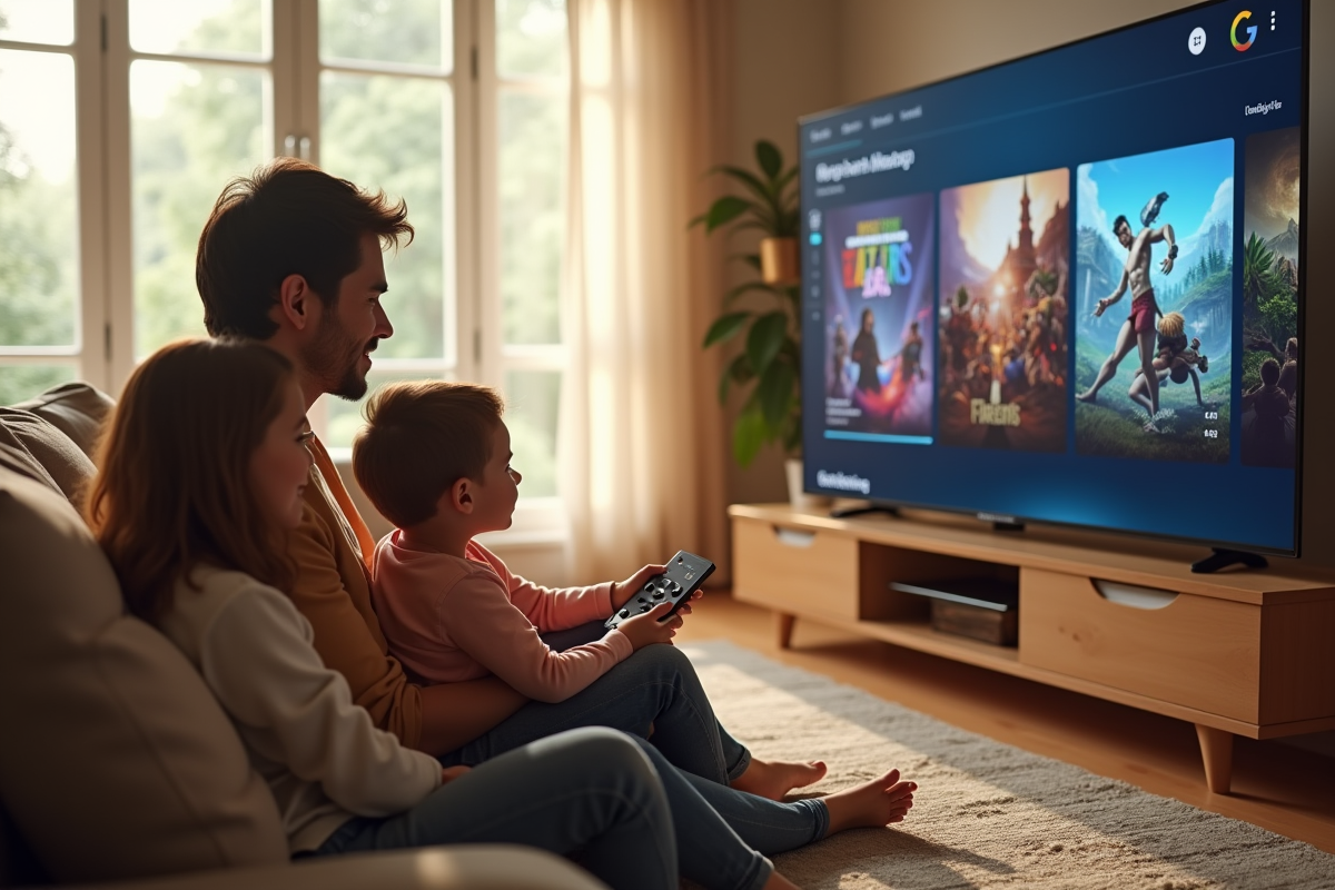 Famille heureuse dans un salon moderne utilisant une télé pour jouer