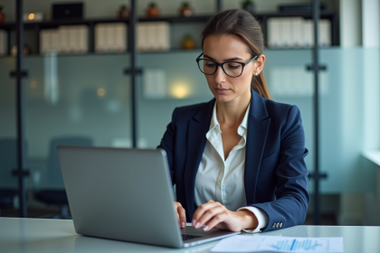 Femme d'affaires examinant un tableau de bord de sécurité numérique