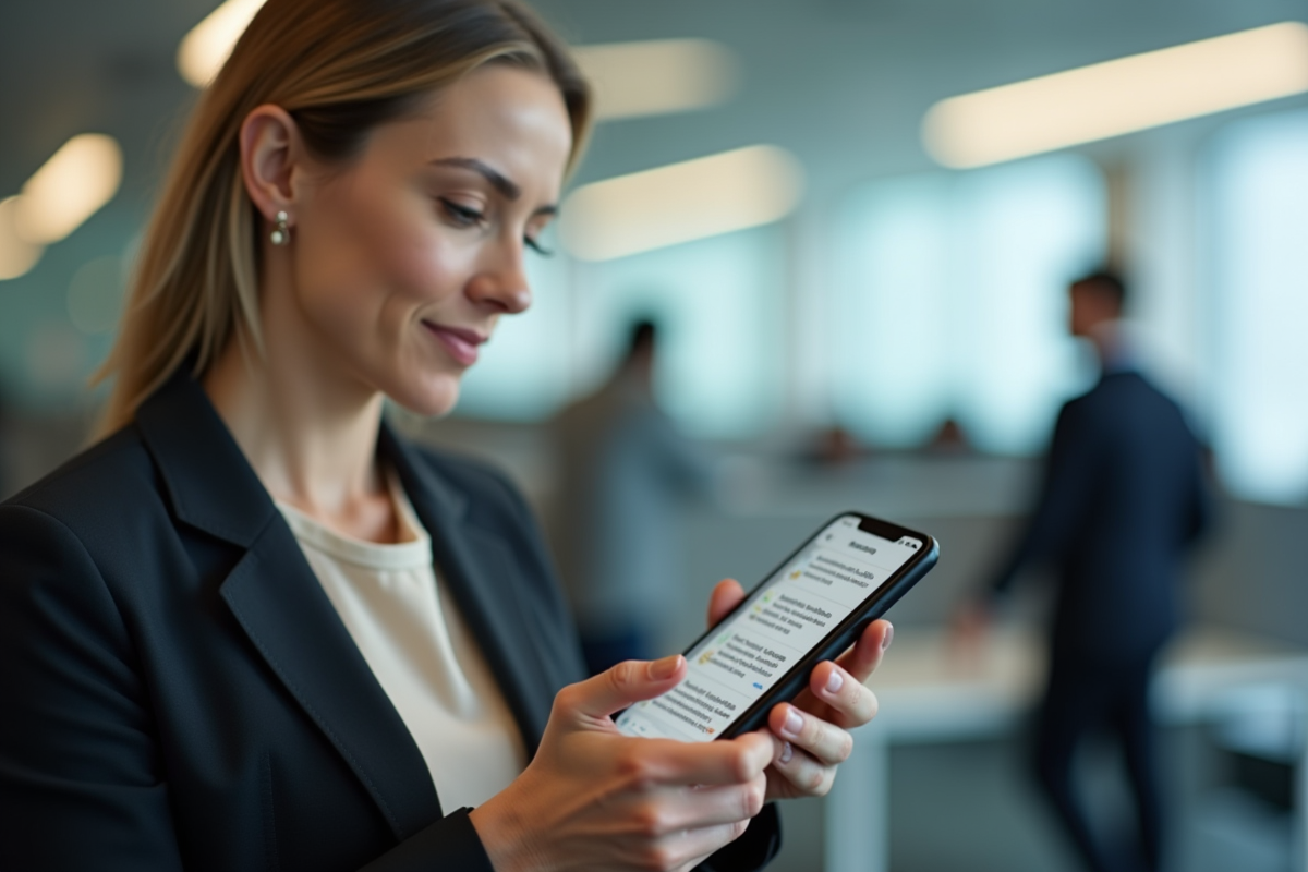 Femme d affaires tenant son smartphone avec messages dans un bureau lumineux